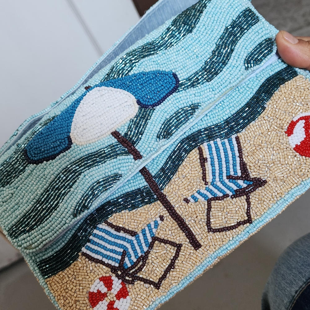 Beaded Beach Scene Clutch in Light Blue